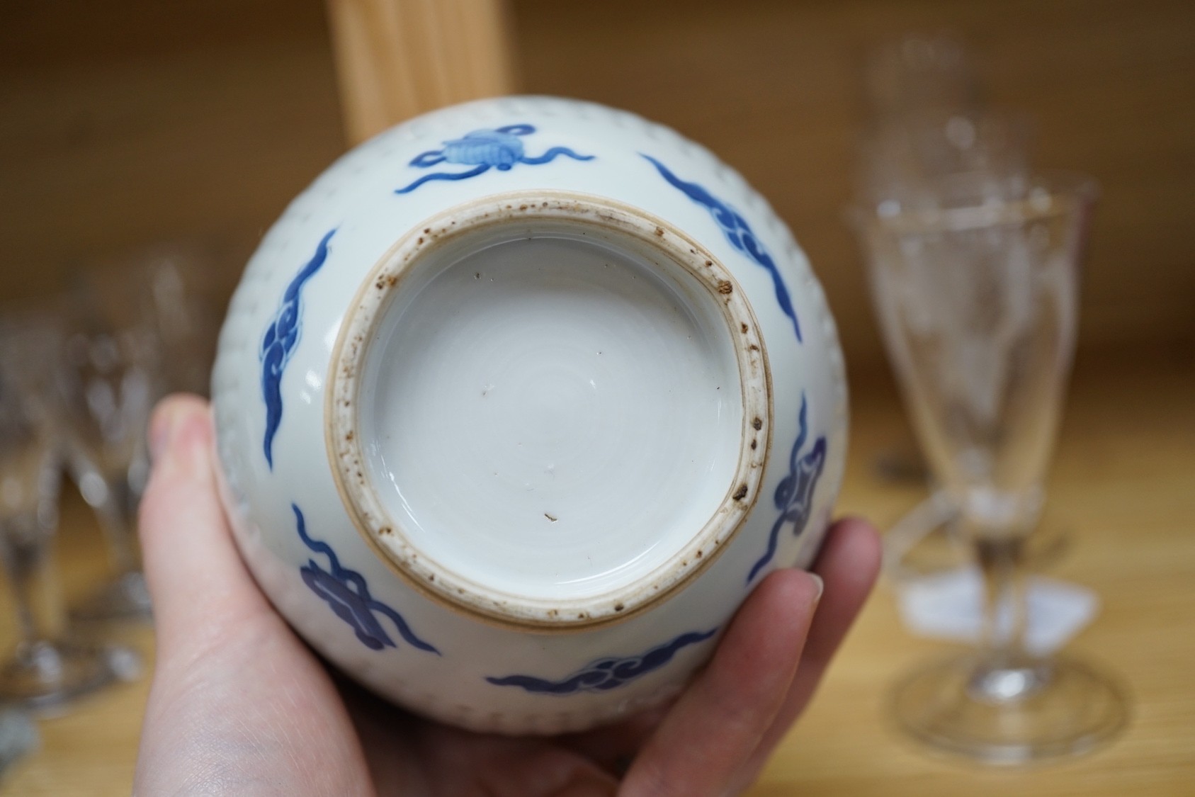 A Chinese blue and white fluted ovoid jar 16cm